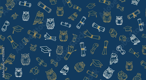 Education pattern owls, diplomas, grad hats on dark blue. Gold & white line art fills background