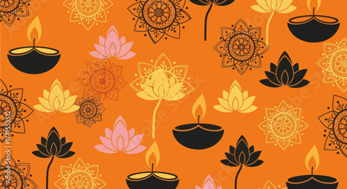 Floral and candle pattern on orange backdrop. Lotuses, mandalas, and oil lamps create a cultural, celebratory design
