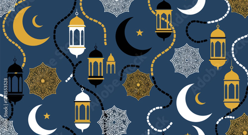 Pattern with crescents, stars, mandalas, beads, lanterns on dark blue