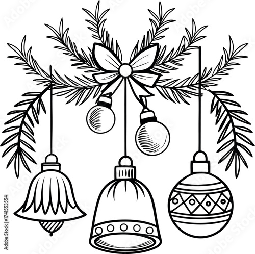 Christmas ornaments and pine branches silhouette