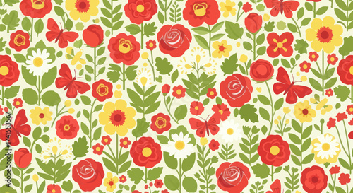 Floral flat vector repeat pattern with red roses and butterflies
