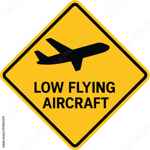 Yellow diamond warning sign alerting drivers to low flying aircraft overhead traffic danger vector