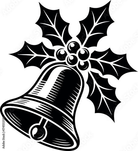 Christmas bell with holly berries silhouette