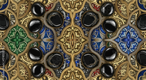 Ornamental artwork featuring golden filigree, colorful tiles and black stones