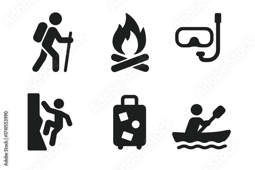 Adventure icon set. Hike, campfire, snorkeling, climbing, travel and canoeing icons. Outdoor activity and vacation concept. Solid glyph symbol collection. Vector illustration.