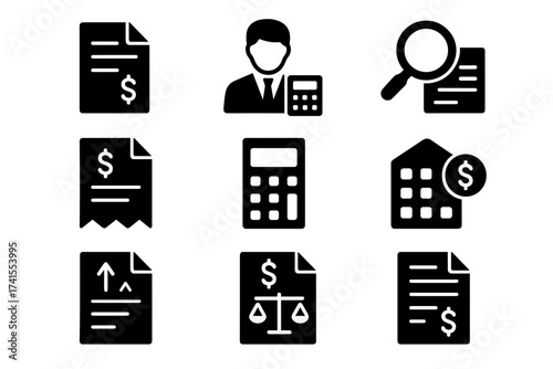Accounting glyph icon set. Finance banking symbols. Financial statement, accountant, audit, invoice, tax calculator, business firm, tax return, income, balance sheet icons.