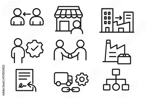 B2B business icon set. Line icons with editable stroke. Concepts: business to business, supplier, partnership, manufacturer, supply chain, logistics, commerce, contract.