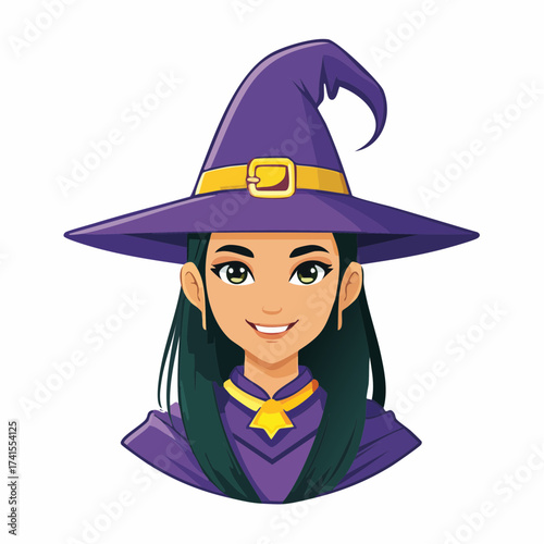 Purple witch hat with a smiling woman with transparent background