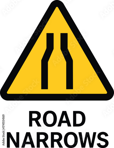 Cautionary road narrows ahead sign warning of constricting traffic lanes on winding path vector