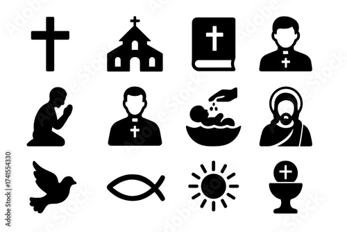 Christianity solid vector icon set. Contains cross, church, bible, priest, prayer, Christian, baptism, Jesus, dove, fish symbol, holy communion. Religion glyph collection.