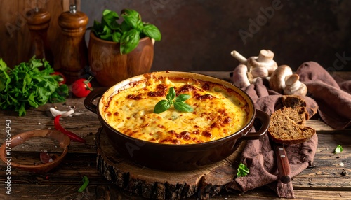 Creamy cheesy casserole in rustic dish