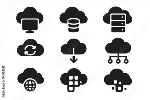 Cloud services solid icon set. Vector glyphs for cloud computing, data storage, hosting, and file transfer. Includes cloud server, network, online, SaaS, and digital concepts.