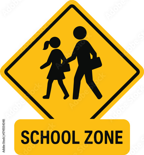 Yellow diamond school zone ahead warning sign with children pedestrians silhouettes and text vector