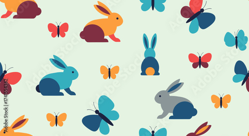 Seamless pattern simplified rabbits and butterflies in various colors on a light background