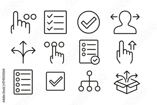 Choice icon set for decision making process. Selection, choose, list, decide, possibility, preferences, option and more. Outline vector icons for business and UI UX design.