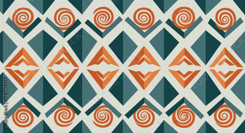 Geometric pattern with teal diamonds, orange chevrons, spirals, on ivory