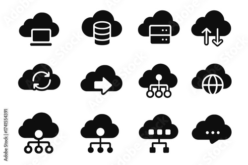 Cloud services solid glyph icon set. Concepts of computing, data storage, hosting, sync, and transfer. Includes cloud server, network, online, SAAS, digital and database icons.