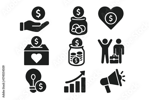 Crowdfunding investment icon set. Donation and charity glyph symbols. Business startup and finance solid icon collection. Vector for concepts like funding, savings, and growth.