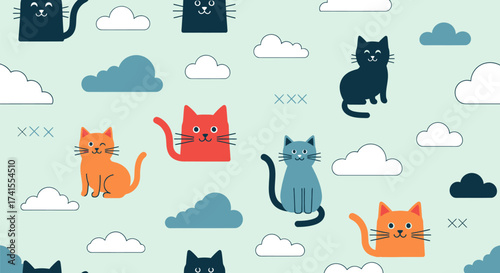 Playful pattern stylized cats, clouds, and "X" shapes on a light-green background