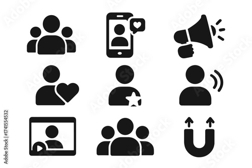 Influencer marketing icon set. Solid icons for social media, community, followers, promotion, celebrity, content creation, brand loyalty, engagement, and viral marketing concepts.