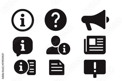 Information icon set glyph style. Vector collection of solid symbols for web and mobile UI. Includes help, FAQ, support, news, about us, instructions, and notice signs.