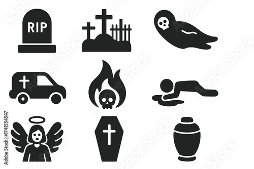 Death and funeral solid icon set. Vector collection of symbols for mortality, including tombstone, cemetery, coffin, urn, angel, murder, and hell. Grim reaper pictogram.