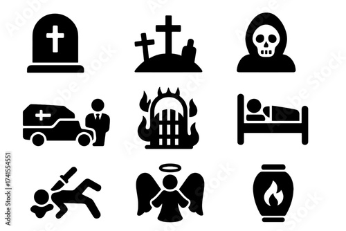 Death icon set. Solid glyphs of funeral, cemetery, tombstone, grim reaper, hearse, angel, murder, hell, sick bed, and cremation urn. Vector symbols for mortality and afterlife.