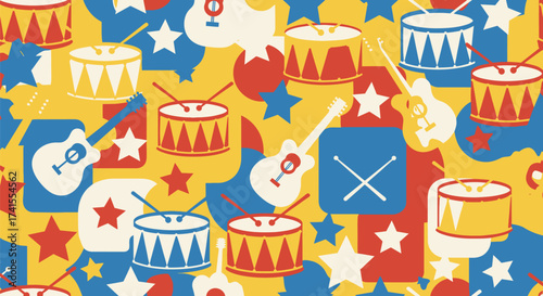 Playful seamless pattern with drums, guitars, and stars in primary colors
