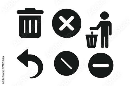 Delete icon set. Solid glyph vector collection for UI UX design. Contains trash can, remove, cancel, close, exit, undo, and back symbols. Web and app button elements.