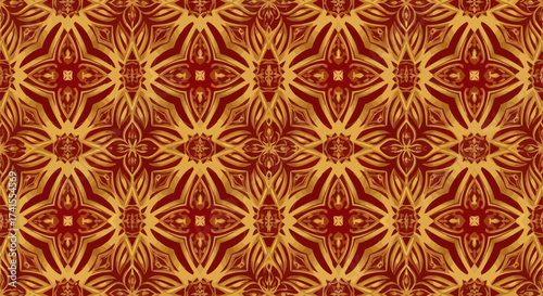 Repeating floral pattern in red and gold shades, with detailed, symmetrical ornamental designs