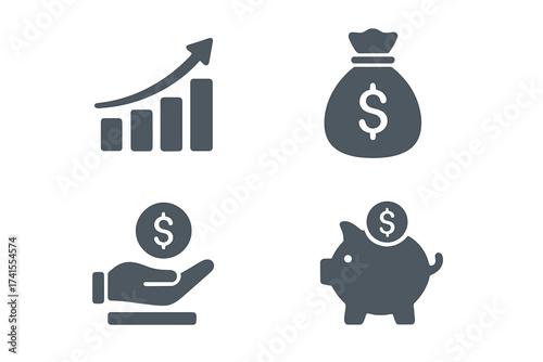 Finance and investment vector icon set. Business growth chart, dollar money bag, savings and deposit pictogram collection. Concept for banking, wealth management and profit.