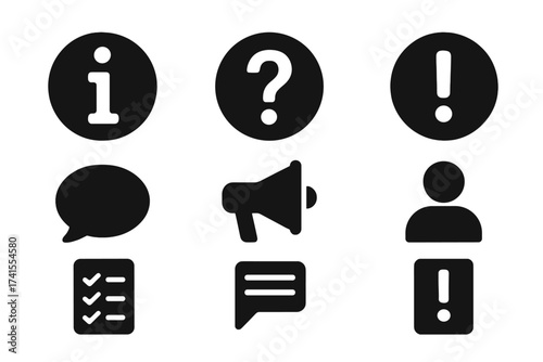 Information icon set. Glyph collection for UI and web design. Includes help, question, alert, notice, support, news, about us, instructions and message symbols. Solid vector.