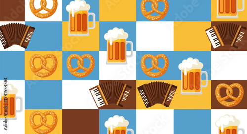 Bavarian patchwork beer, pretzels, accordions on blue, gold, white