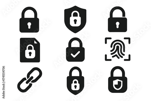 Security icon set vector. Padlock, shield, secure file, biometric fingerprint. Concept data protection, privacy, safety, authentication, access, lock, unlock, encryption.
