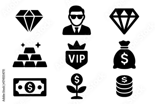 Luxury solid icon set for wealth and finance. Vector collection with diamond, gold bars, money bag, VIP, assets, rich man, investment growth. Business success pictograms.