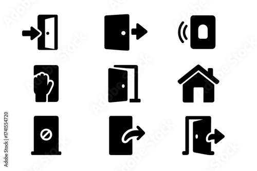 Door solid glyph icon set. Contains enter, exit, open, closed door, doorbell, knock, push and pull symbol. Simple black home pictogram collection for entrance and way out.