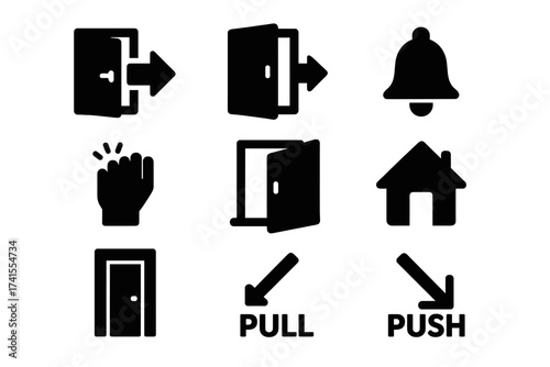 Door icon set: enter, exit, doorbell, knock, open, closed, home, pull and push symbols. Solid glyph vector collection for web design, app interface, and wayfinding.