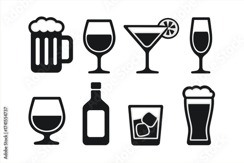 Alcoholic drink icon set. Vector beverage symbols for bar menu. Beer, wine, cocktail, whiskey, champagne and liquor glass silhouette. Simple black glyph pictogram collection.