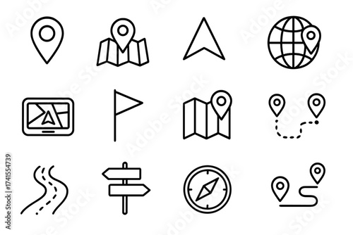 Map and navigation line icon set. Vector outline icons collection. Includes location pin, GPS, destination, route, road sign, compass, flag, direction arrow and globe symbols.