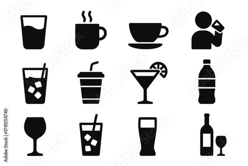 Drink and beverage icon set. Vector glyph symbols for water, coffee, tea, cocktail, wine, beer, and soda. Black silhouette pictogram collection for bar menu or app interface.