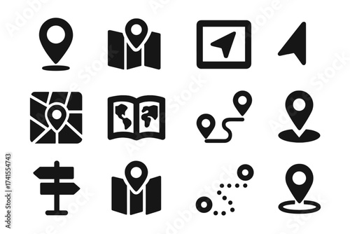 Map icon set with location pin, GPS navigation, and route symbols. Vector collection for city maps, travel apps, and direction finding. Includes atlas, pointer, and destination markers.