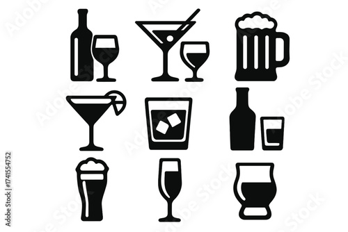 Alcohol drink icon set. Vector beverage symbols for bar menu or party design. Black silhouette graphics collection of wine, beer, cocktail, whiskey and champagne glasses. Isolated.
