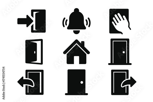 Door icon set. Solid glyph collection with enter, exit, open, closed door, home, and doorbell symbols. Vector pictograms for web and UI design. Push pull and knock.