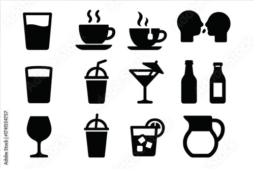 Drink and beverage solid glyph icon set. Vector symbols collection of coffee, tea, water, wine, soda, juice, cocktail. Glass, cup, bottle, and jug graphic elements for design.
