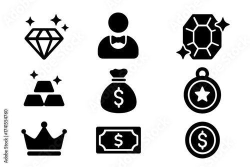 Luxury solid icon set. Wealth and success concept. Vector glyph collection with diamond, rich, gem, gold, assets, expensive, jewelry, VIP, crown, and money symbols.