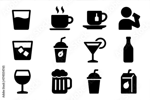 Drinks and beverages solid glyph icon set. Vector collection of symbols including water glass, coffee cup, tea, cocktail, wine, beer mug, soda bottle, juice carton illustration.