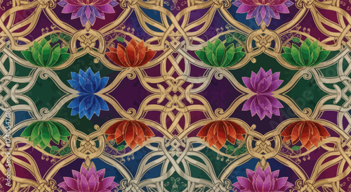 Ornate floral pattern with interlaced gold lines and jewel-toned lotuses