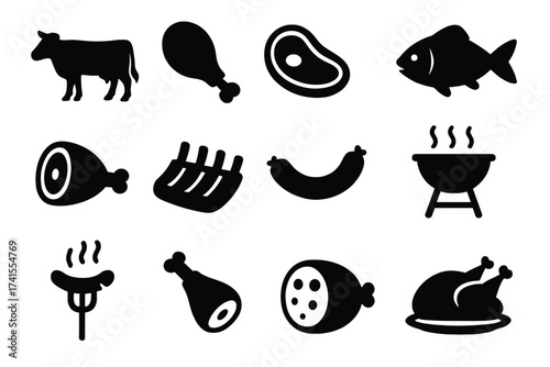 Meat and butchery solid glyph icon set. Vector collection of food symbols including beef, pork, chicken, fish, steak, ribs, ham, sausage, and BBQ grill for restaurant menu.