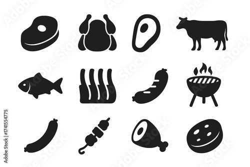 Meat icon set vector collection. Solid glyph pictograms for butcher shop or restaurant menu. Includes beef, steak, chicken, fish, ribs, sausage, ham, pork, cow, and BBQ grill.