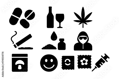 Drugs icon set. Solid glyph pictograms. Vector symbols for pills, alcohol, cannabis, cocaine, GHB, dealer, LSD, ecstasy, mushrooms, addiction, substance abuse, illegal.